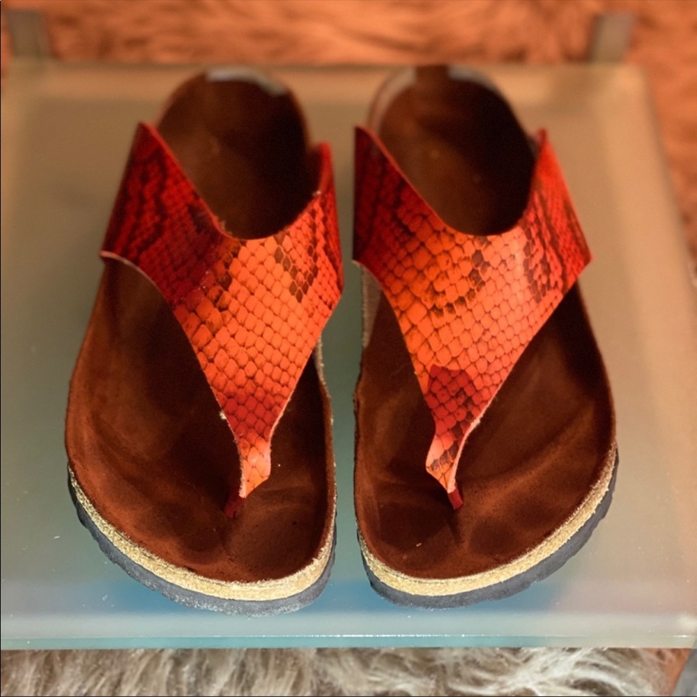 Birkenstock’s Birki Orange Snakeskin Print Thong